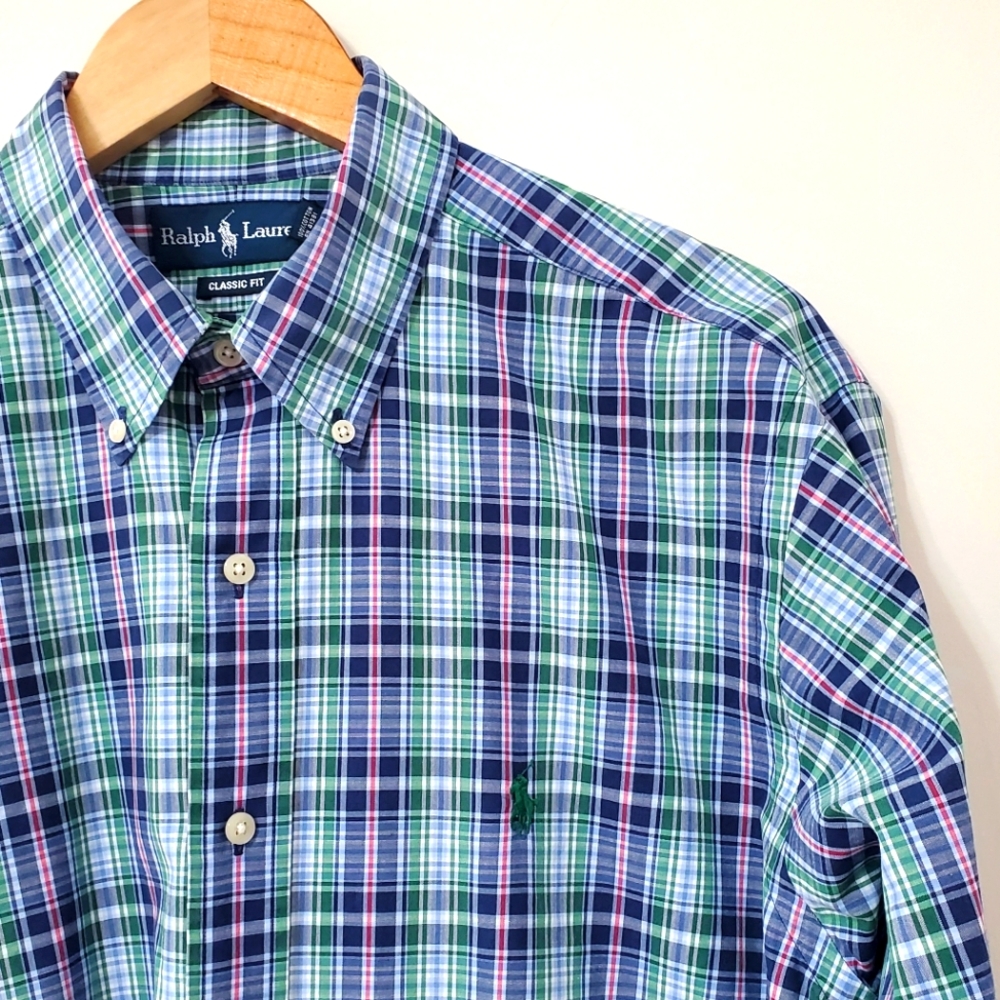 Ralph Lauren Classic Fit Blue Green  Plaid Long Sleeve Button Down Shirt  Large